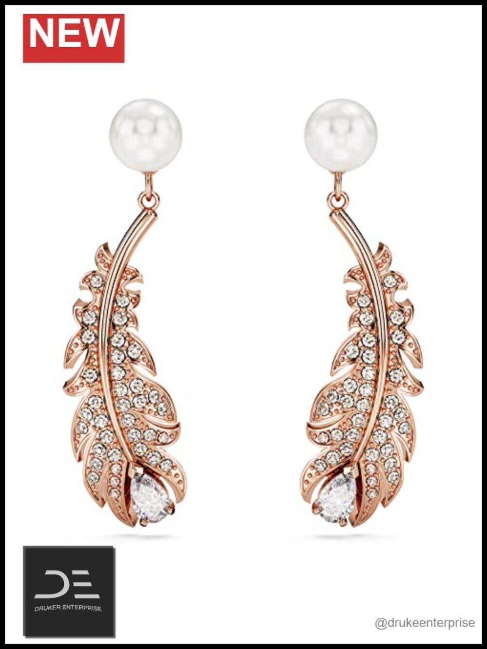 Crystal Pearl Drop Earrings Feather Motif Rose Gold-Tone Pave